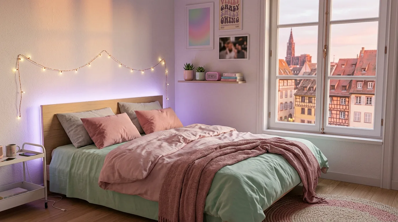 Chambre étudiante d'Amélie à Strasbourg pour jouir au tel — décor pastel rose mint lavande, ambiance Y2K