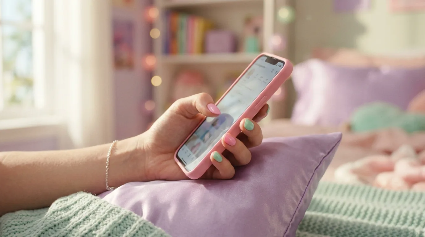 Jouir au tel — main aux ongles pastel d'Amélie tenant un téléphone candy pink, ambiance Y2K Pastel Acidulé