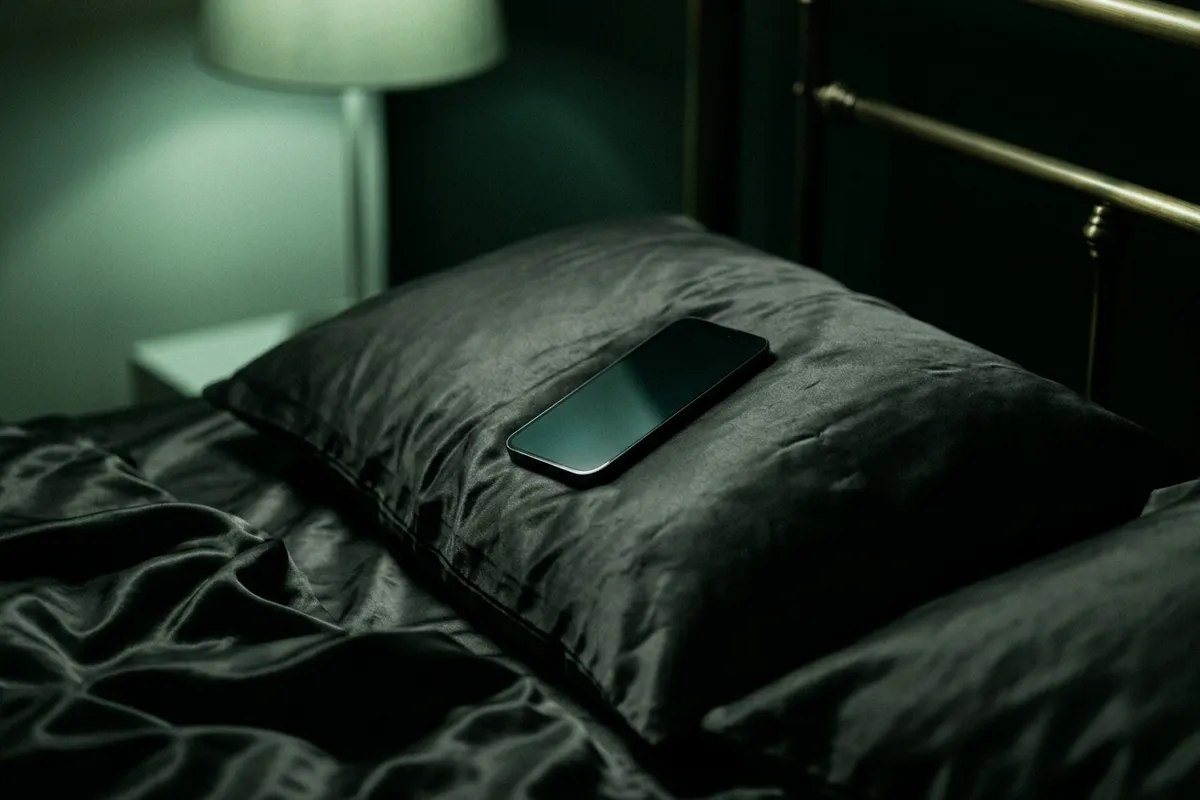 Jeune femme allongée dans le noir, téléphone à la main, lumière bleutée