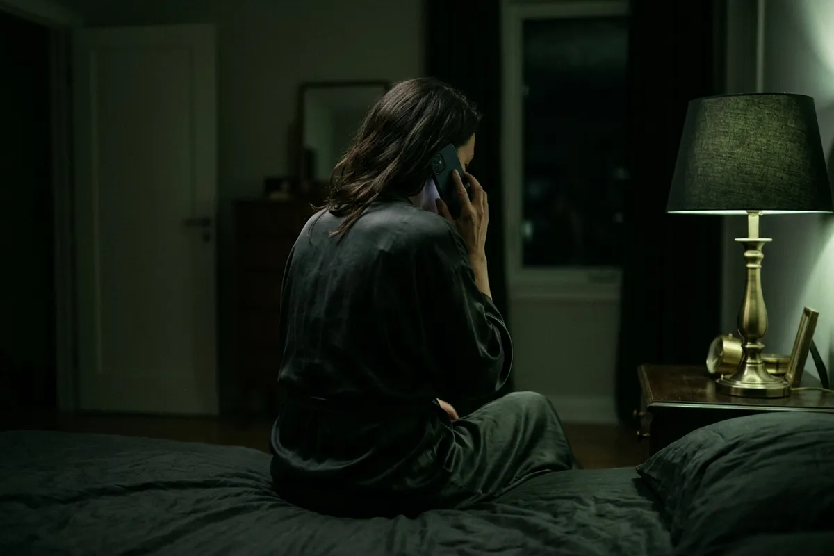 Femme au téléphone dans la pénombre, expression détendue et confiante