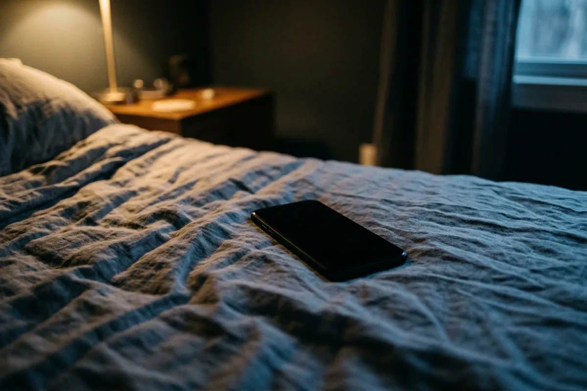 Chambre dans la pénombre, téléphone posé sur un drap froissé